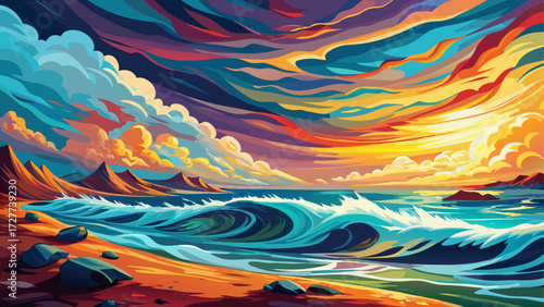 This vibrant impressionist seascape with dynamic waves and cloudy sky captures energy of sea, artistic atmosphere, painterly motion, rich tones, and immersive impressionist beauty with dramatic ocean 
