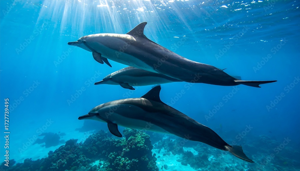 Naklejka premium Three dolphins swim in clear, blue water as sun rays shine down from the surface