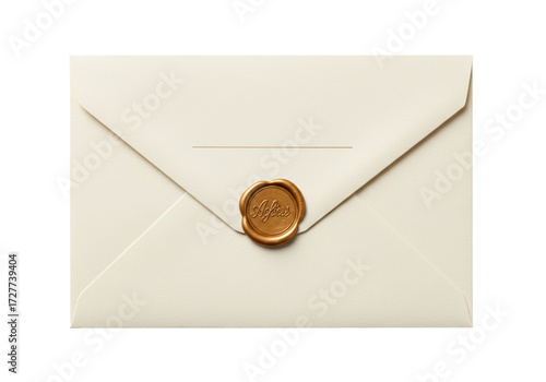 Elegant ivory envelope with gold wax seal isolated, formal stationery for invitations and correspondence