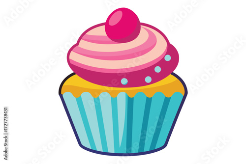 Cartoon cupcake has a pink cherry and striped frosting with a blue liner