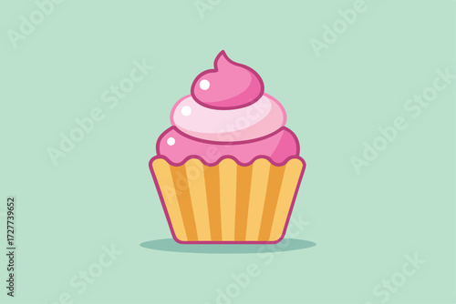 Delicious cupcake boasts pink frosting swirls and sits sweetly against a soft green backdrop