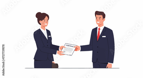 A businessman and businesswoman in formal suits smiling while exchanging a signed contract document.