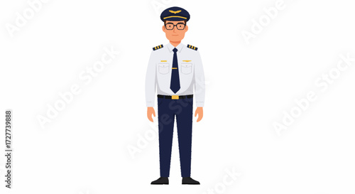 A professional male pilot in uniform, wearing a white shirt, dark tie, navy blue trousers, and a pilot's cap, standing confidently against a white background.