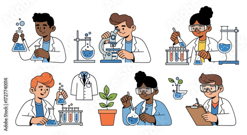 Diverse Cartoon Scientists Conducting Laboratory Experiments with Chemistry and Biology Equipment.