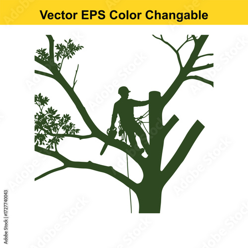 Vector art of arborist silhouette with chainsaw in tree