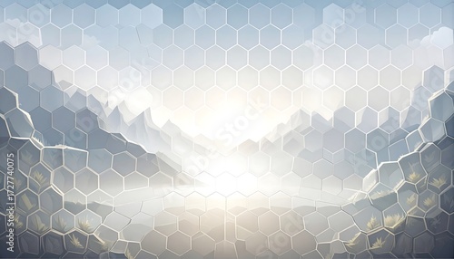 Ethereal landscape with sunlight piercing through mountains and a hexagonal overlay