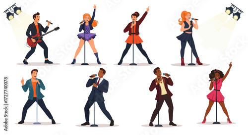 Diverse Cartoon Singers and Musicians Performing with Microphones and Guitar.