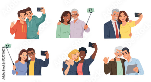 Diverse Groups of People Taking Selfies with Smartphones.