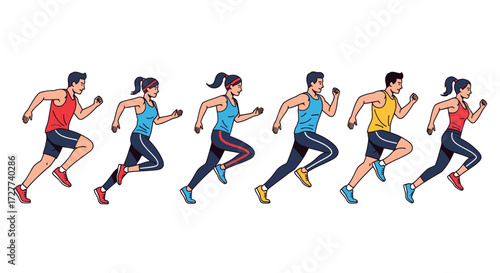 Group of Diverse Runners in Motion Cartoon Style Exercising Together.