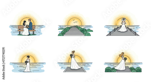 Six Wedding Couple Illustrations at Sunrise on Pier.