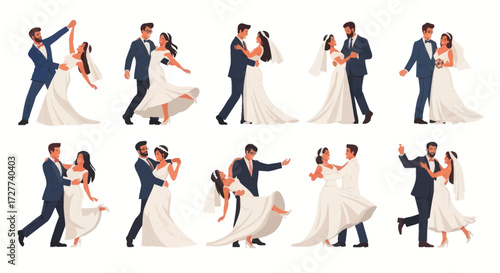 Diverse Wedding Couples Dancing Joyfully in Various Poses.