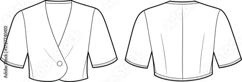 Cropped jacket, deep V-neckline, fashion flat sketch, technical illustration, front and back view, garment construction, vector drawing, apparel template