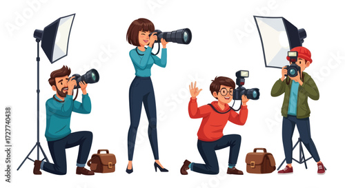 A diverse group of cartoon photographers with professional cameras lenses and studio lighting equipment.
