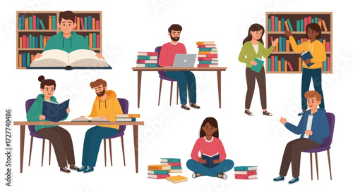 Diverse Group of People Reading and Studying in Library Setting.