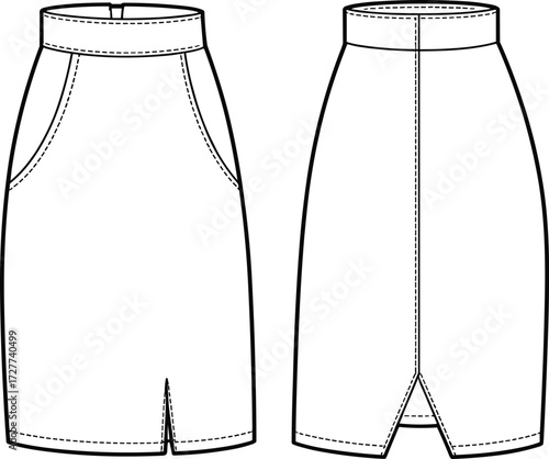 High waist skirt, fashion flat sketch, technical illustration, front and back view, garment construction, vector drawing, apparel template, slit detail