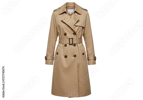 Foto Classic beige trench coat isolated on white, double-breasted outerwear for women