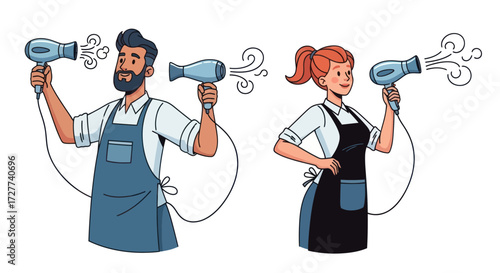 Stylists with hairdryers creating airflow and steam.