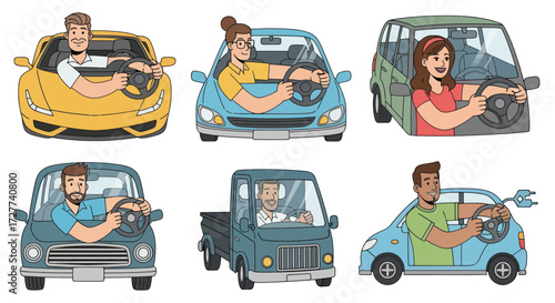 A diverse collection of cartoon people driving various types of cars including a sports car truck and sedan.