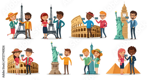 Happy Cartoon Tourists Taking Selfies at Famous World Travel Landmarks.