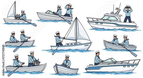 A hand-drawn collection of cartoon sailors in uniform navigating various boats including rowboats and sailboats.