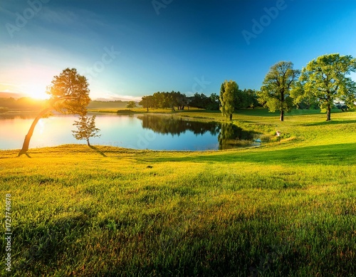 Beautiful view of meadow and amazing trees in a beautiful place, sunset, lake with blue sky in the background; tranquil scene; sunny day; countryside 