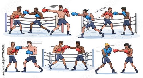 Diverse Male Boxers Engaging in Boxing Matches.