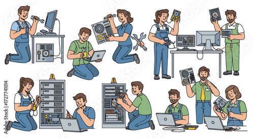 Diverse team of computer technicians performing various repair and maintenance tasks.