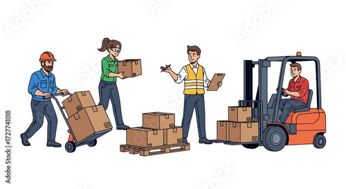 Warehouse Workers Handling Packages and Forklift.