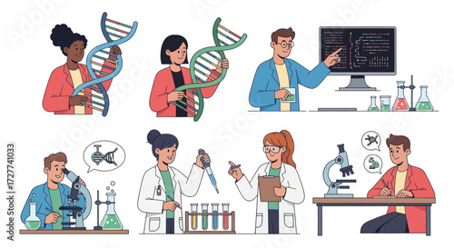 A collection of diverse scientists and researchers engaged in genetic engineering laboratory experiments and scientific discovery.