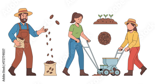 Cartoon Farmers Sowing Seeds and Planting Crops Illustration Set.