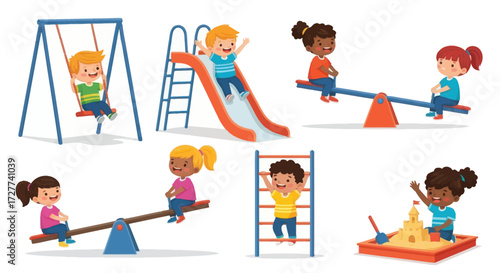 Children Enjoying Playground Activities: Swings Slides and See-Saws.
