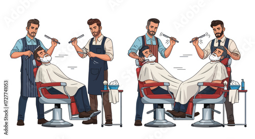 Barber Shop Scene with Clients Getting Haircuts.