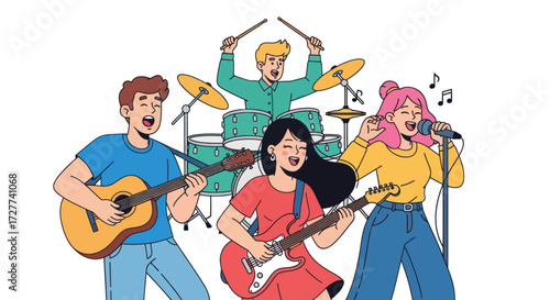 Cartoon illustration of a young diverse music band performing with guitars drums and vocals.