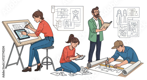 A team of architects and designers working on blueprints and technical drawings in a collaborative illustration.