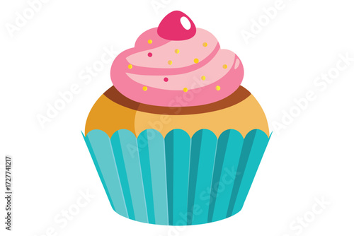 Colorful cupcake topped with pink frosting and a bright red cherry looks delectable