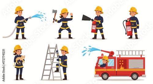Diverse Firefighters in Action with Equipment and Fire Truck.
