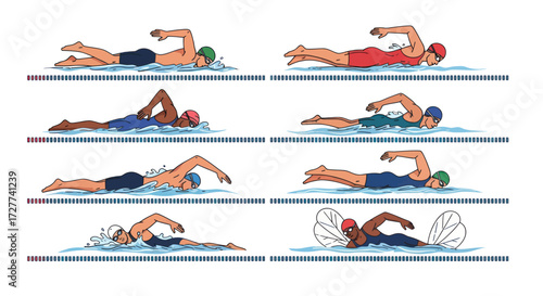A diverse collection of male and female swimmers illustrating different swimming strokes like freestyle and butterfly.