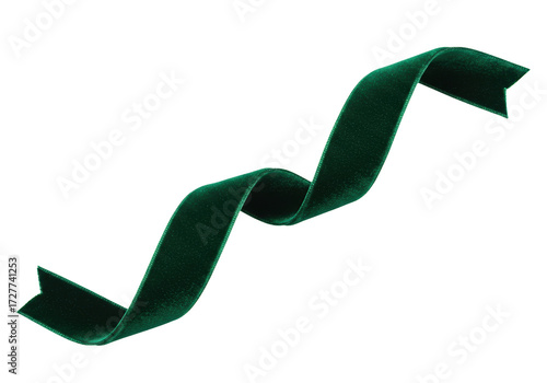 Emerald green velvet ribbon isolated on transparent background, elegant decorative element
