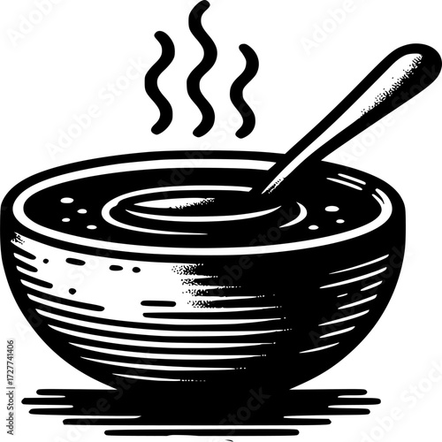Warm Bowl of Soup: A steaming bowl of savory soup, complete with a spoon, invites with its inviting aromas. A rustic illustration with intricate details capturing the essence of a comforting meal.