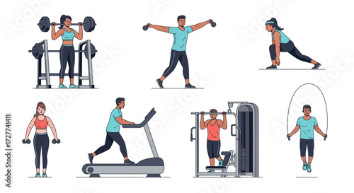 Diverse People Exercising in a Gym Setting Engaging in Various Fitness Activities.