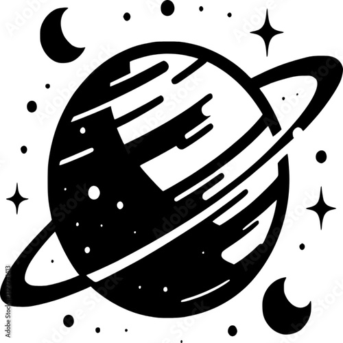 Mysterious Planet: A unique planet illustration, featuring a captivating celestial body and rings, floating serenely within a star-studded cosmos, invites viewers to wonder and explore.