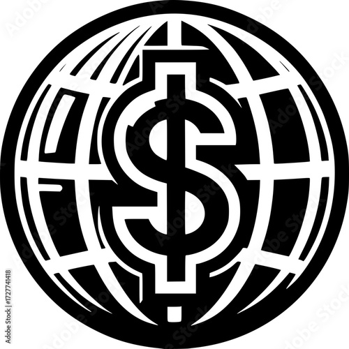 Global Dollar: A symbol of international finance featuring the dollar sign at the center of a globe, representing the worldwide reach of currency and economic influence.