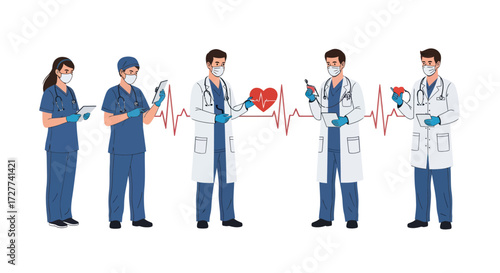 Diverse Medical Team with Doctors and Nurses Holding Healthcare Tools and Heart Symbol with ECG Line.