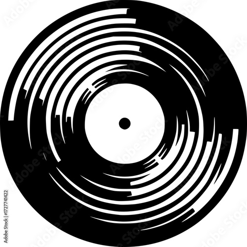 Vinyl Record Abstract: A sleek, black and white graphic depicts a vinyl record, capturing its iconic spiral grooves in an artistic, minimalist composition.
