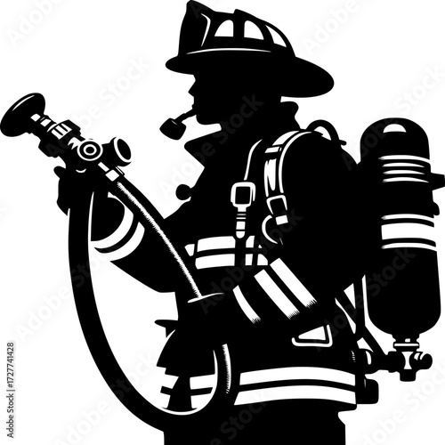 Brave Defender Silhouette: A silhouetted fireman, clad in robust gear and carrying the hose, emerges as a symbol of courage and readiness. It's a monochromatic ode to heroism.
