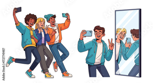 Diverse group of friends taking selfies with smartphones one posing in a mirror.