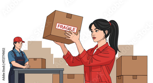 Young woman carefully holding a fragile cardboard box for shipping.