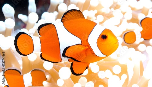 Orange clownfish swimming amongst anemone tentacles in coral reef, vibrant colors