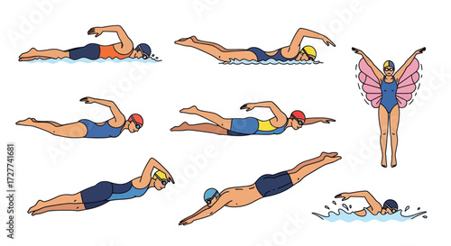 Swimmers in Various Poses: Diverse Swimming Styles and Techniques Depicted in a Collection of Illustrations.