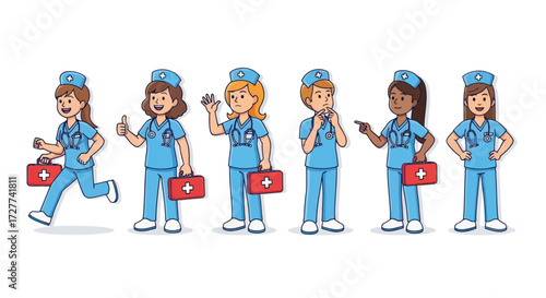 Set of diverse female cartoon nurses in blue scrubs with various poses and expressions.